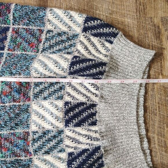 Mens 80s Geometric Patchwork Knit Sweater L Abstract Retro Pattern Grandpa - Picture 7 of 9